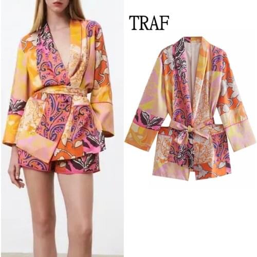TRAF Za Women Blouse Top 2021 Summer Vintage Print Long Sleeve Shirt Chic Belt Plus Size Women Clothing Pocket Top Woman Shirt