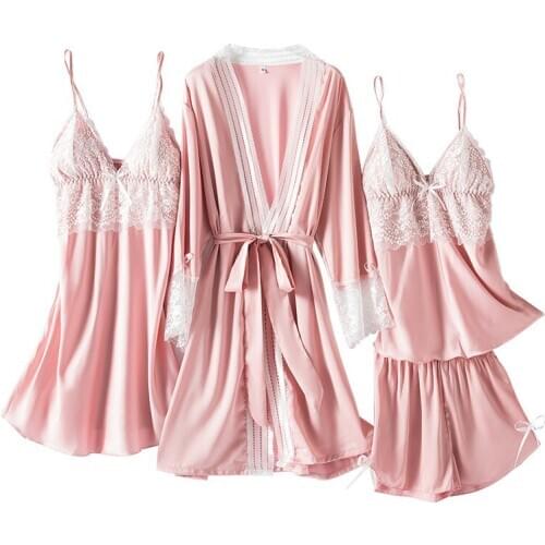 4PCS Strap Nightgown Set Pink Womens Lace Nightsuits Nightwear V-Neck Pajamas Suit Sleepwear Robe Gown Lounge Negligee Homewear