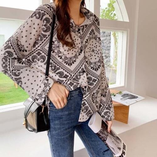 Female Lapel Long-sleeved Printed Chiffon Shirt Womens Retro Korean Loose Top Crop Spring Summer Black White Long-sleeved Shirt
