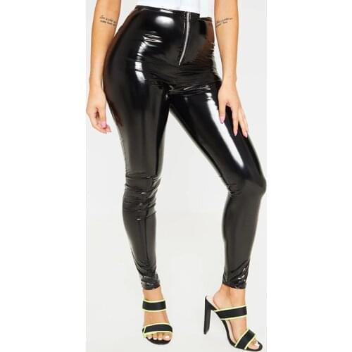 Women Sexy Skinny Front Zip PVC Pants PU Faux Leather Leggings Slim Bodycon Pencil Trousers Mid Waist Plus Size Clothes Custom