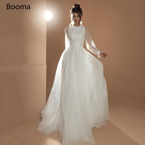 Booma Elegant Polka Dots Tulle Wedding Dresses Long Sheer Sleeves High Neck Bride Dresses Lace Top Buttoned A-Line Bridal Gowns