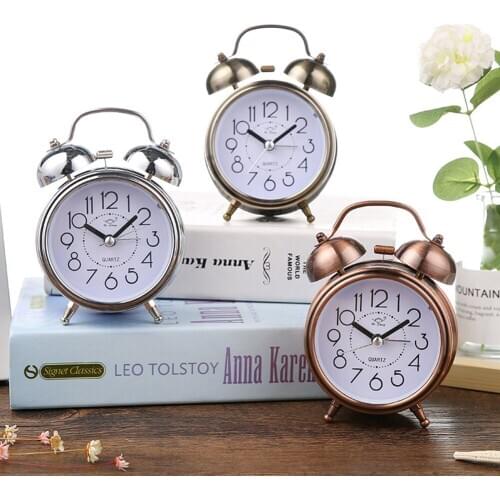 1Pcs Retro Alarm Clock Silent Pointer Clocks Dual Bell Night Light Bedroom Retro Decor