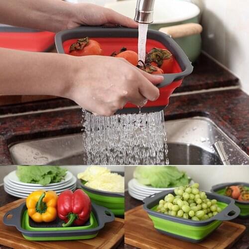 2 pieces of silicone kitchen drain basket, telescopic square filter basket, foldable fruit washing basket, drainer with handle