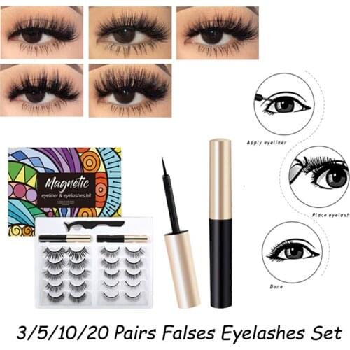 3/5/10/20 Pairs 3D Magnetic False Eyelashes Set With Eyeliner Tweezer Waterproof Lasting Lashes Extension Volume Makeup TSLM2