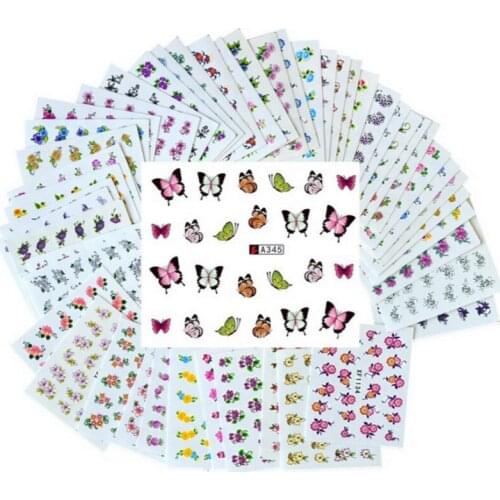 50Pcs/set Nail Art Stickers Polish Watermark Decals DIY Manicure Wraps Flower Feather Butterfly Bird Rose Bowknot Letter Lace