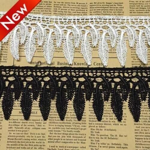 Free Shipping 15Yards 6cm New Black Vintage Feather Leaf Lace Trim White Venise Embroidery Lace Trim African Cord Tassel Lace