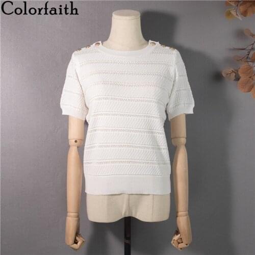 Colorfaith New 2021 Women Summer T-Shirt Bottoming Basic Solid Color Knitted Vintage Minimalist Style Wild Lady Short Top T1322