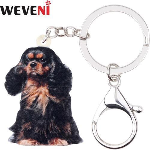 WEVENI Acrylic Black&Tan King Charles Spaniel Dog Key Chain Keychains Holder Animal Jewelry Gift For Women Girls Bag Car Charms