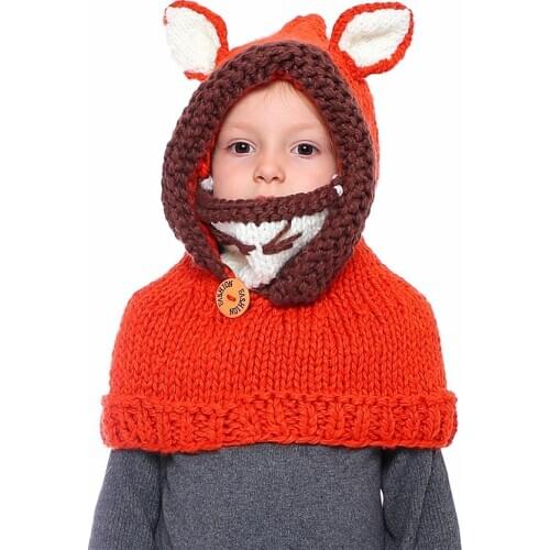 Cute Cartoon Animal Handmade Kids Winter Hats Cat Ear Fox Cloak Beanie Hat Children Windproof Hat and Scarf Boy Girl Knitted Cap