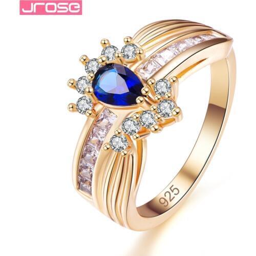 JROSE Bohemia Gorgeous Style Pear Cut Blue Green White Cubic Zircon Fashion Women Men Jewelry Yellow Gloldplated Ring Size 6789
