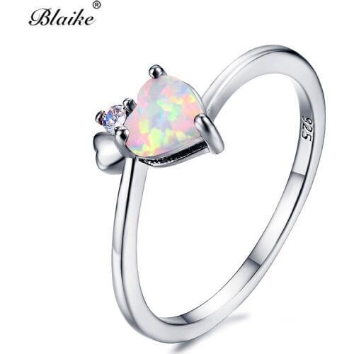 Blaike Silver Color Heart Fire Opal Rings for Women White/Blue/Purple Birthstone Ring Simple Fashion Jewelry 2018