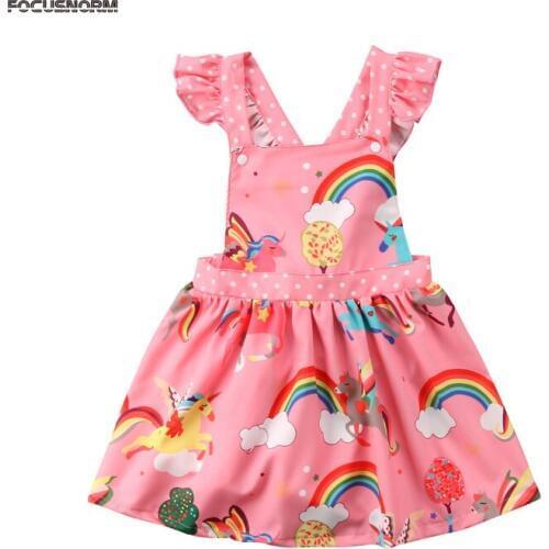 Newborn Infant Baby Girls Summer Cute Lovely Dress Petal Sleeve Unicorn Print Backless Party A-Line Knee-Length Dress 1-6Y