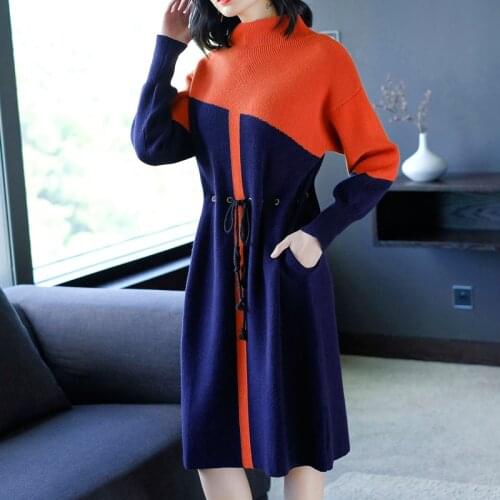 Autumn Vintage Women Patchwork Wool Sweater Dress 2021 Winter Plus Size Midi Dresses Elegant Female Turtleneck Knitting Sweater