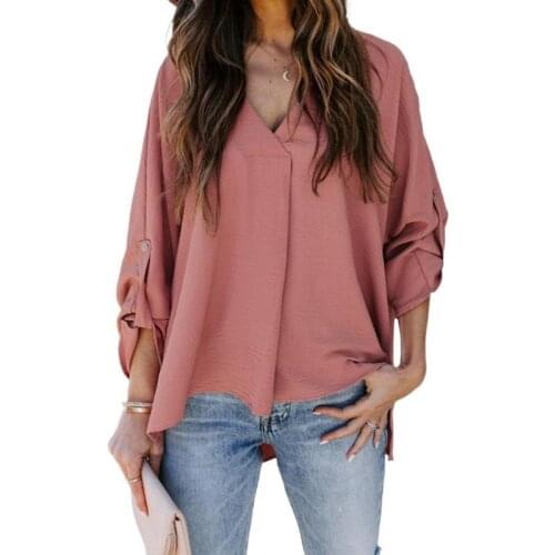 2020 Autumn Fashion Solid Color V-Neck Long Sleeve Casual Loose Shirt Women Black White Pink Blouse