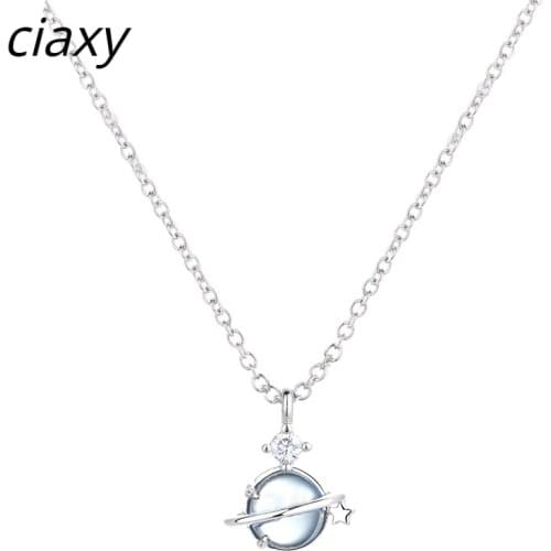 CIAXY 925 Sterling Silver Blue Aurora Planet Necklace Fashion Inlaid Zircon Women Temperament Clavicle Chain Luxury Jewelry