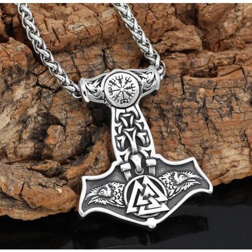 Nordic viking stainless steel thor hammer Mjolnir odin raven valknut vegvisir pendant necklace with valknut gift bag
