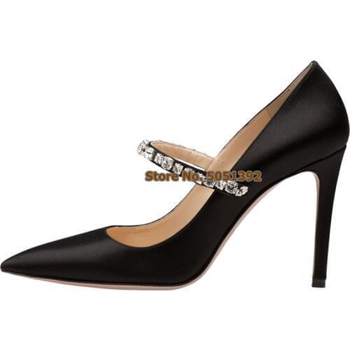 Wedding Women Shoes Satin Pointed Toe Rhinestone Glittering Pumps Shallow Sexy Plus Size Bling Bling Crystal Banquet Shoes