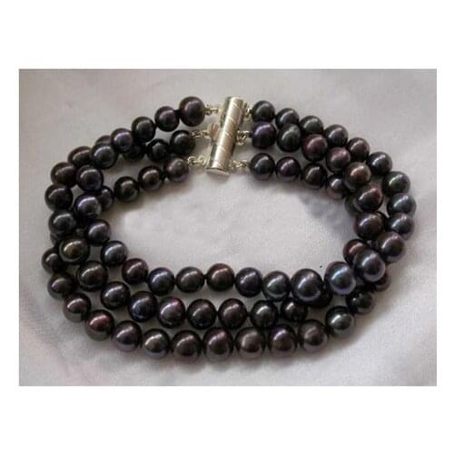 Unique Pearls Jewelry New Stunning 3 Rows 8mm Round Black Freshwater Pearl Bracelet Fashion Women Gift Jewelry