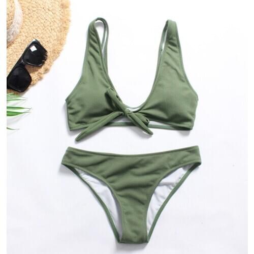 Knitted Textured Sexy Swimsuit Split Suit Bikini Light Green Chest Bow Strap Slim Beach Suit bathing suit women
