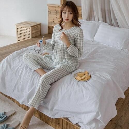 Womens Interwoven Cotton Pajamas, Plaid Long-sleeved Trousers, Cotton Silk Home Service Suits, Round Neck Foam Cotton Pajamas