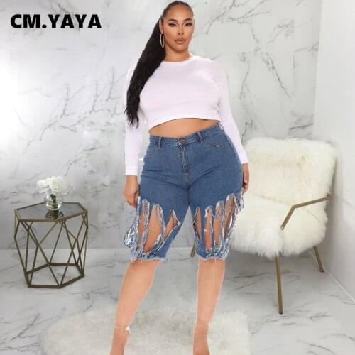 CM.YAYA Women Jeans Solid Ripped Hole Mid Waist Zipper Pockets Strechy Denim Shorts Sexy Fashion Casual Streetwear Summer 2021