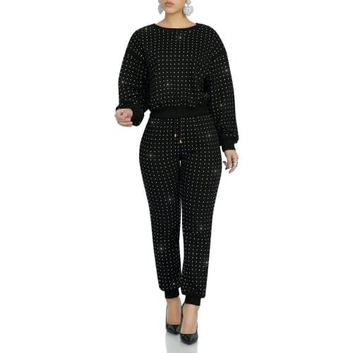 Winter Spring Women Sets Hot Drilling Tracksuits Full Sleeve Top+Pants Suit Two Piece Set Sporty Night Club Party Outfits