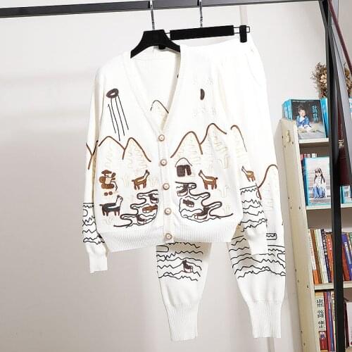 Loose Vintage Embroidery Tracksuit Women Knit Set Autumn V Neck Knitting Sweater Pencil Pants Outfits Casual Knitted 2pcs Sets