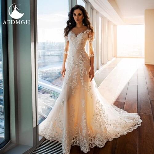 Aedmgh Mermaid Wedding Dresses 2021 Sweetheart Three Quarter Vestido De Novia Beaded Appliques Sheath Sweep Train Robe De Mariee