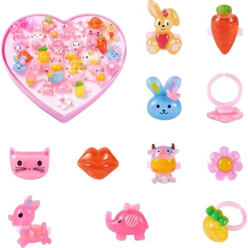 Resin Kids Rings Cute Candy Colorful Cartoon Animals Flower Heart Children Rings With Display Box Birthday Gifts
