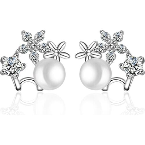 100% 925 sterling silver fashion pearl star shiny crystal ladiesstud earrings women wholesale jewelry birthday gift