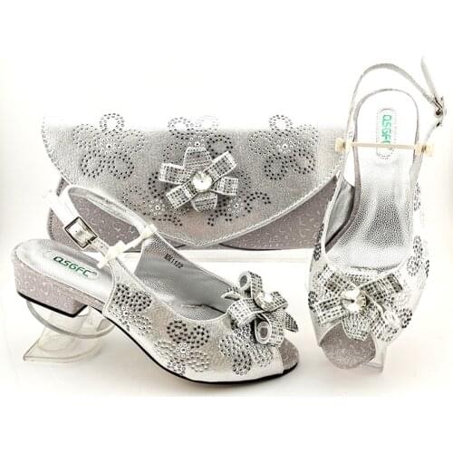 2020 New Arrivals Italian design Ladies Pumps Shoe African Mid Heels Silver Color Wedding Shoes and Bag Set