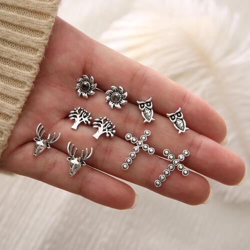 5 Pairs/Set Antique Silver Color Earring Set Owl Cross Elk Sun Tree Stud Earrings For Women Geometric Animal Jewelry Accessories