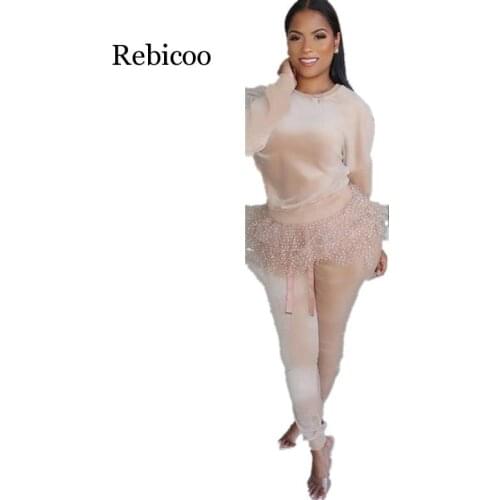 Velvet Mesh Patchwork Casual Two Piece Sweatsuit Women O-neck Full Sleeve Tops and Fashion Pencil Pants Autumn Winter Tracksuit