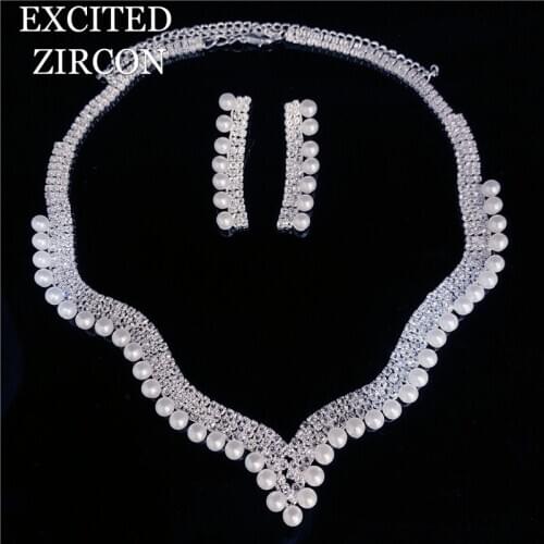 Bohemian Fashion Luxury Pearl Long Pendant Full Rhinestone Crystal Necklace Earrings Elegant Bridal Wedding Party Jewelry set