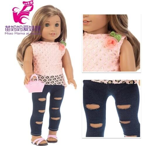Baby Doll Shirt and Ripped Trousers 18 Inch Girl Doll Clothes Summer Lace Top Tight Jeans