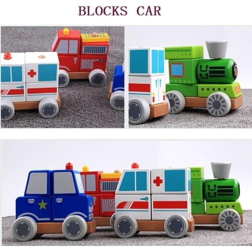 Baby wooden car educational early learning toy assemble DIY Building Blocks car for kids police truck firetruck ambulance