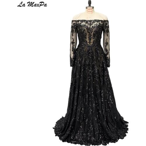 Gogeous Off the Shoulder Long Sleeves Black Sequin Lace Prom Dress CMT60