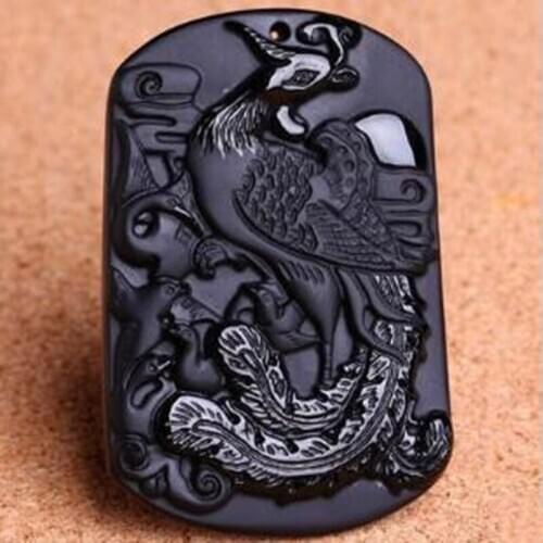 Jadery 100% Pure Natural Obsidian Pendant Necklace Phoenix Couples Pendant Necklaces Pattern with Bead Chain for Men or Women