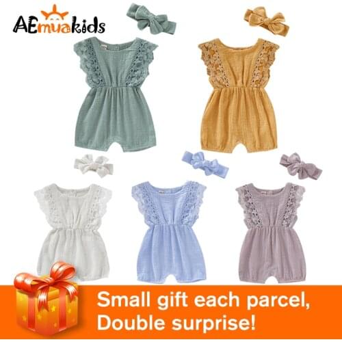 Summer Baby Girl Rompers Newborn Baby Clothes Toddler Flare Sleeve Solid Lace Design Romper Jumpsuit With Headband One-Pieces