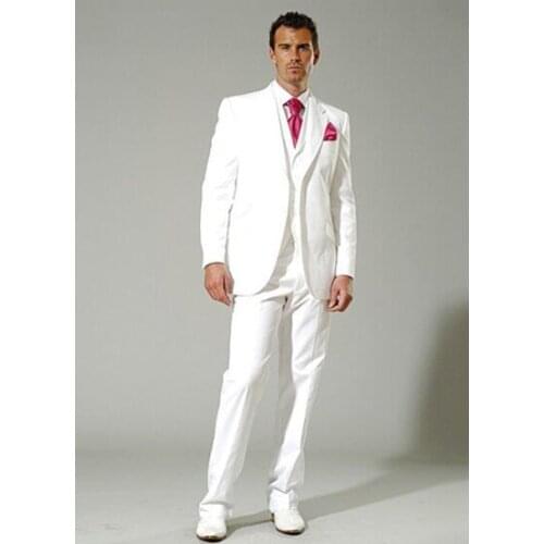 Handsome White Mens Suits Groom Tuxedos Groomsmen Wedding Party Dinner Best Man Suits Blazer (Jacket+Pants+Vest+Tie) NO:1388