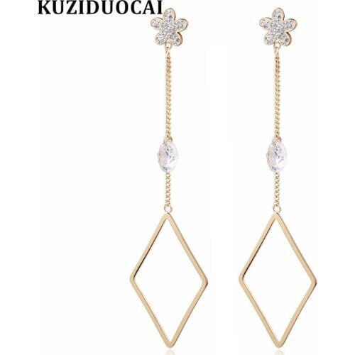 Kuziduocai New Fashion Jewelry Flower Parallelogram Zircon Titanium Stainless Steel Statement Dangle Drop Earrings For Women1798