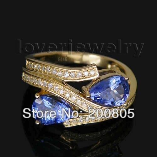 LOVERJEWELRY 1.67CT Vintage Two Stones Women Ring Pear 7x5mm 14Kt Yellow Gold Diamond Tanzanite Ring For Lady Jewelry WU021