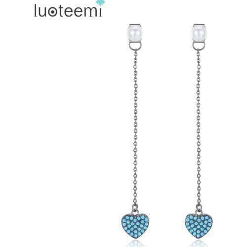 LUOTEEMI New Elegant Drop Earrings Imitation Pearl Double Side Brincos Black Long Chain with Blue Stone Heart Pendant Jewelry