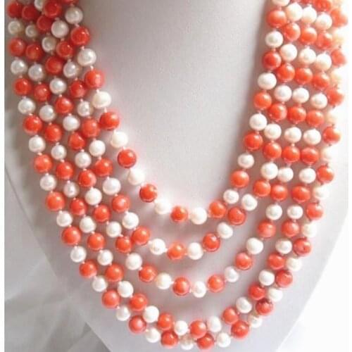 Free shipping fashion women long chain necklace 100inch 6-7mm natural white pearl pink faux coral high grade jewelryMY5182