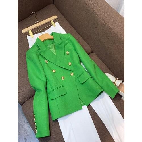 2021 Fashion Ladies Suit Jacket Metal Lion Buckle Double Breasted Slim High Quality Linen Suit O81