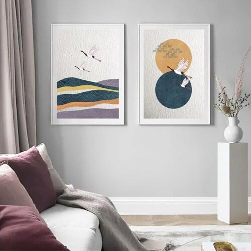 Moon Flying Cranes Illustration Canvas Poster Abstract Japan Vintage Art Painting Nordic Print Wall Picture Nordic Home Decor