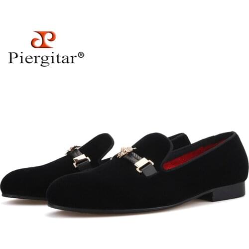 Piergitar 2019 new black color men velvet shoes with weaving strap bee metal buckle party and prom mens loafers plus size