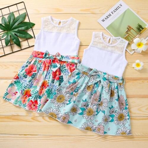 OPPERIAYA Kids Baby Girls Summer Vest Style Short Dress Casual Fashion Floral Printing Lace Stitching A-line Princess Dresses