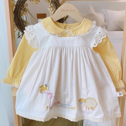 Baby Girl Autumn long Sleeve Yellow Plaid Vintage Princess Dress for Girls Casual Party Cotton Dress