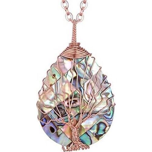 KFT Natural Abalone Shell Pendant Wire Wrapped Tree of Life Chakra Reiki Paua Shell Pendant Necklace For Women Girls Men